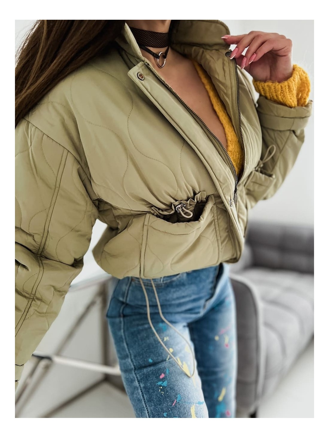 Damen-Steppjacke mit Stehkragen, olivgrün SF13 - Online-Shop - Boutique